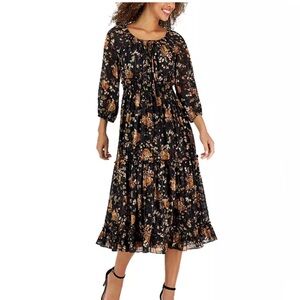 Taylor Smocked Waist Tie-Neck Black Floral Fall Chiffon Midi Dress Sz 8